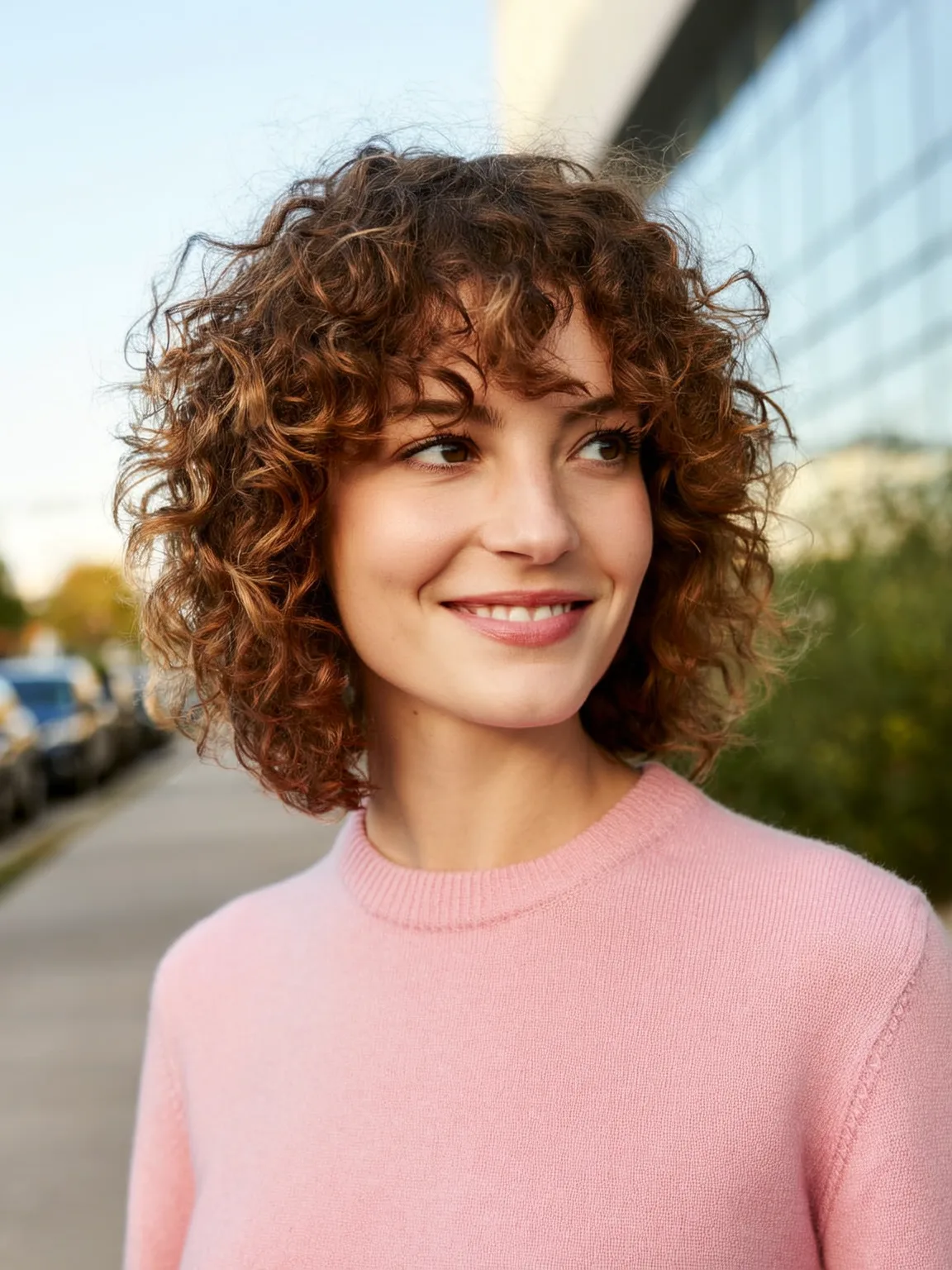 Voluminous Curly Caramel Brown Chin-Length Bob with Curtain Bangs